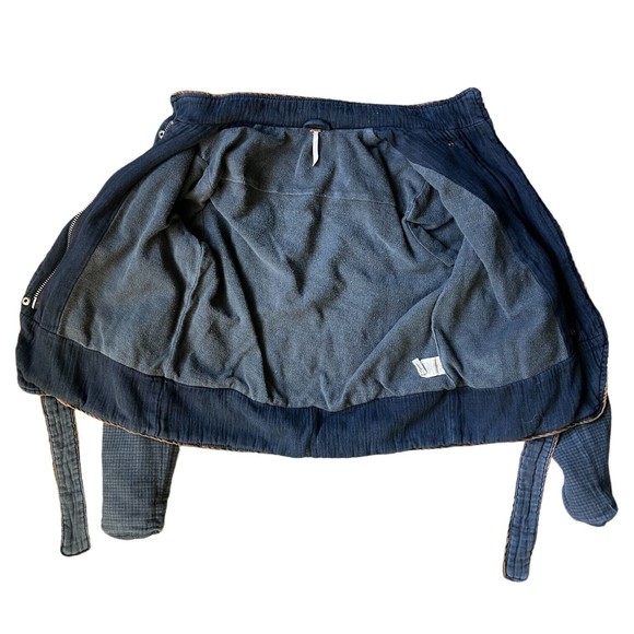 Free People Navy Blue Moto Jacket Size S Belted Full Zip Distressed Cotton - Picture 5 of 17